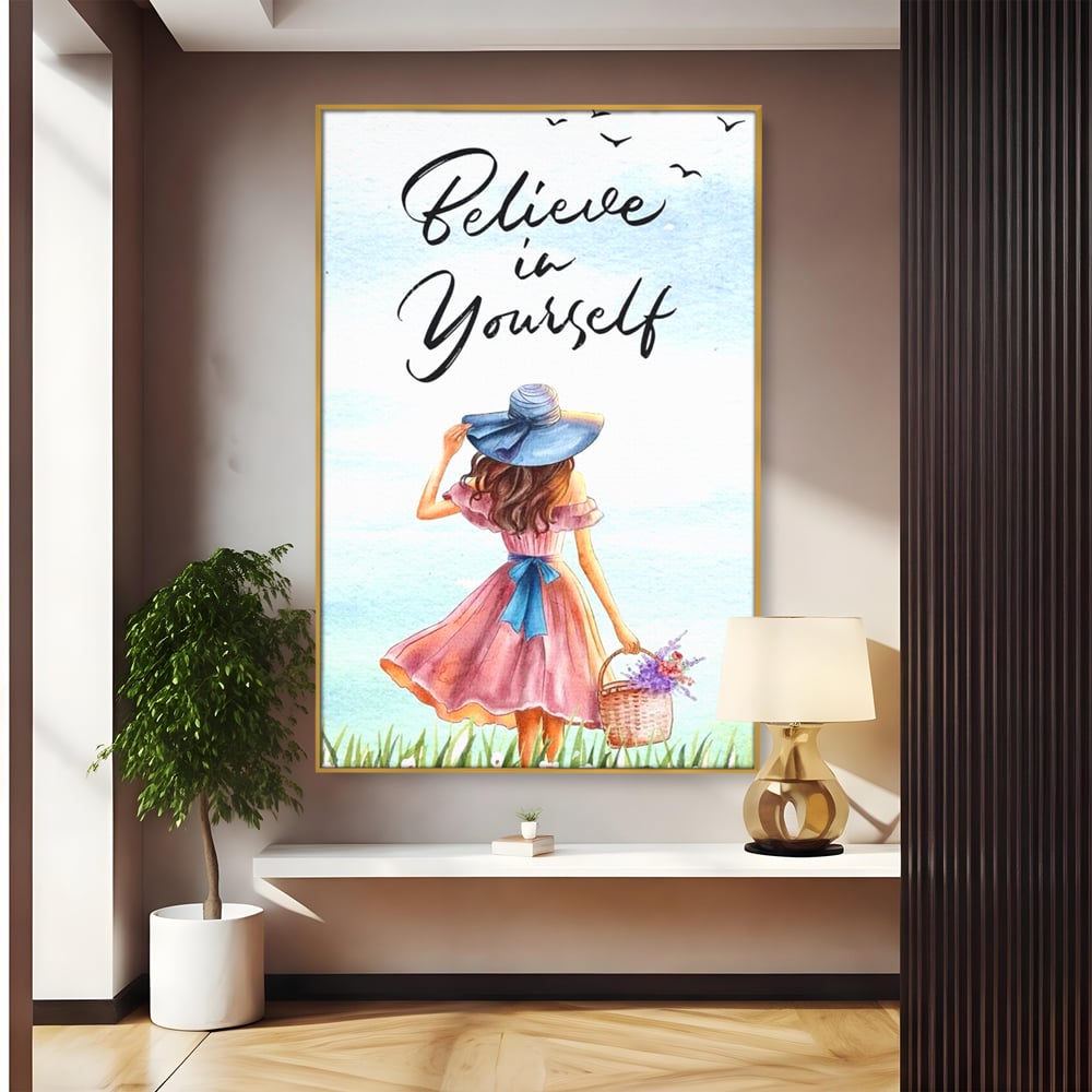 Tablou canvas cu ilustratie cu femeie si mesaj motivational, in rama de aluminiu auriu